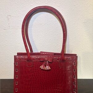 Liz Claiborne satchel in cherry red, faux leather, with a crocodile texture